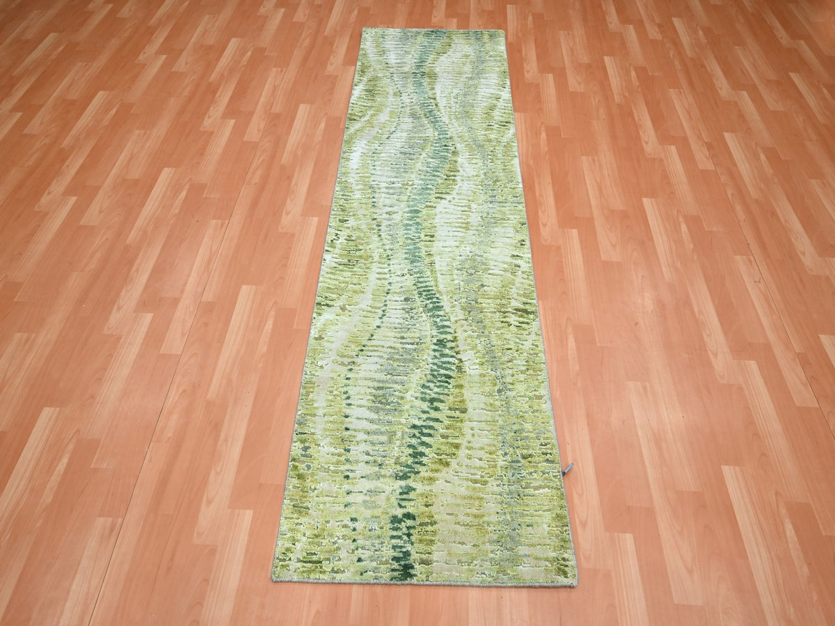 Modern / Contemporary hand-knotted silk runner in Green, 2'5" x 8'3", SKU O075548