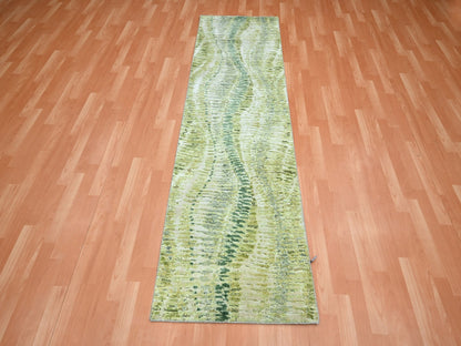 Modern / Contemporary hand-knotted silk runner in Green, 2'5" x 8'3", SKU O075548