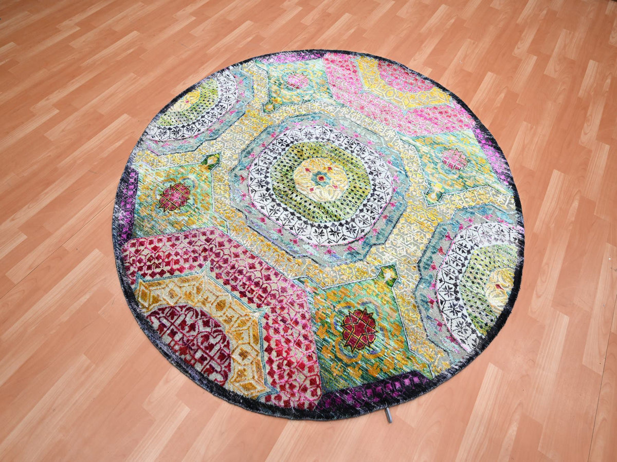 Mamluk Mamluk hand-knotted wool/silk rug in Yellow, 6' x 6'1" — SKU O075553 (view 3)