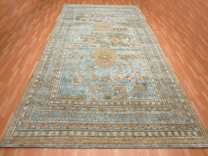 Blue 9'11" x 14'2" Khotan and Samarkand Hand knotted Wool/Silk Rug - Sku: O075565