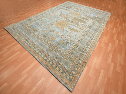Blue 9'11" x 14'2" Khotan and Samarkand Hand knotted Wool/Silk Rug - Sku: O075565
