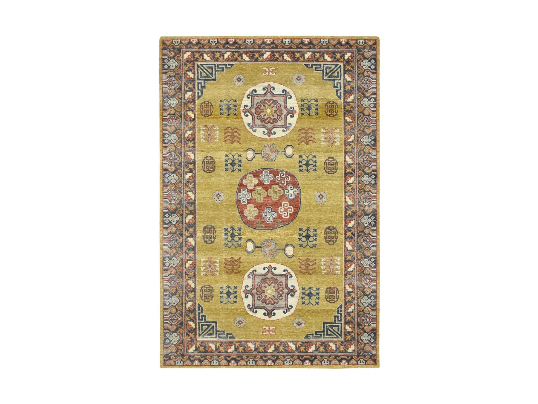 Khotan Khotan hand-knotted wool rug in Green & Navy Blue, 6'1" x 9'4" — SKU O075572