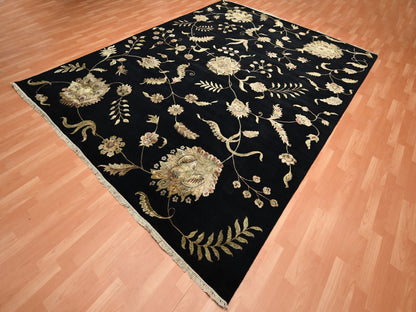 Black 9'2" x 11'8" Rajasthan Hand knotted Wool/Silk Rug - Sku: O075593
