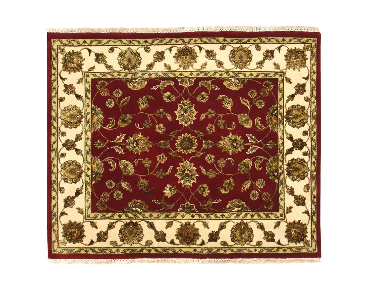 Rajasthan Rajasthan hand-knotted wool/silk rug in Red & Ivory, 4'1" x 4'11" — SKU O075606