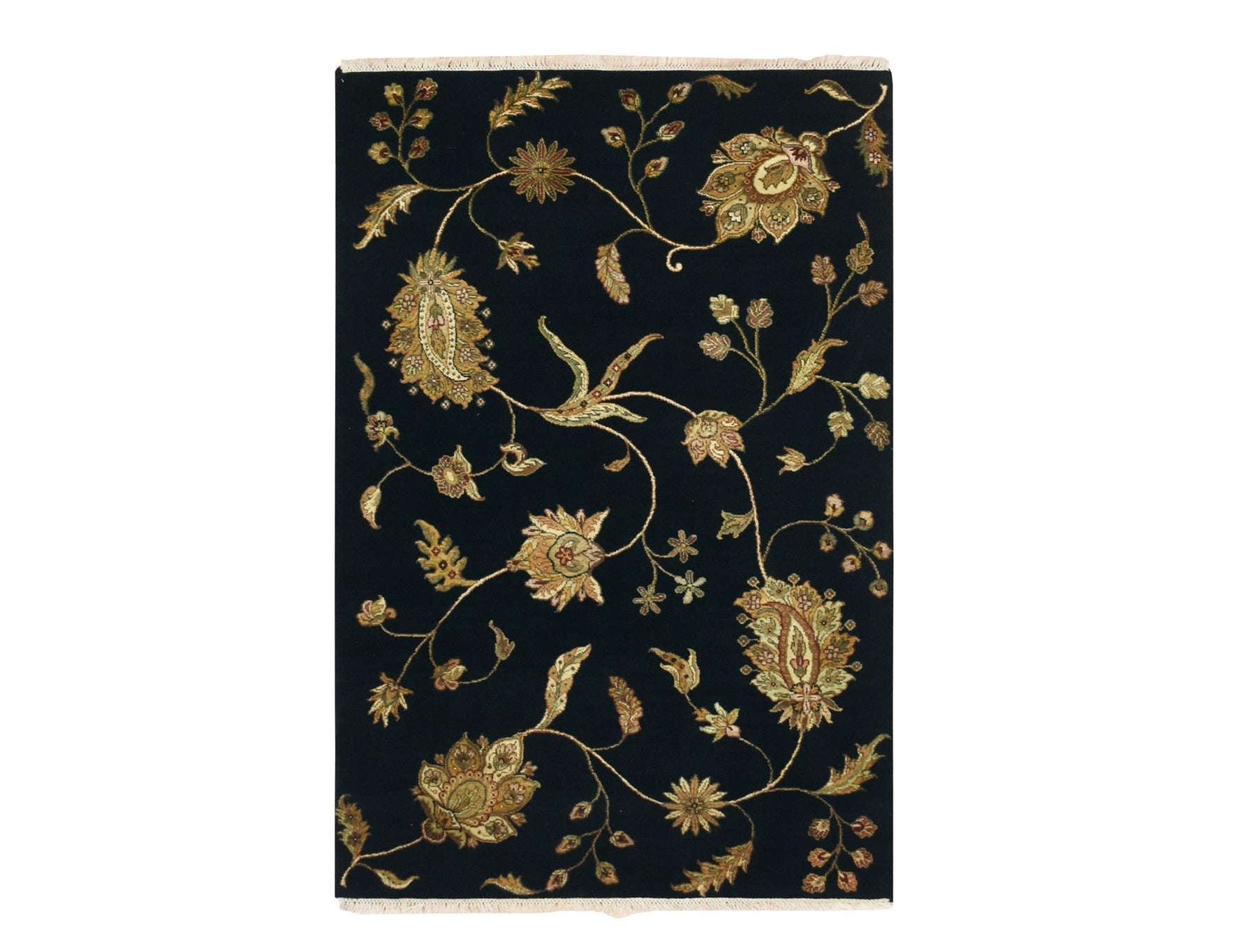 Rajasthan hand-knotted wool/silk rug in Black, 4'1" x 6'1" — SKU O075608