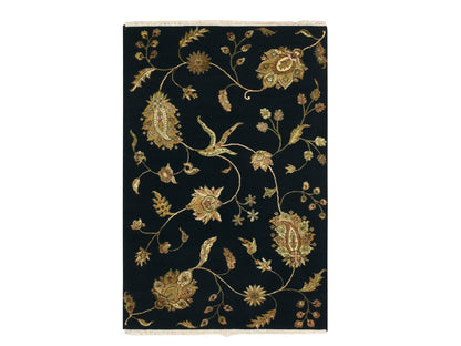 Black 4'1" x 6'1" Rajasthan Hand knotted Wool/Silk Rug - Sku: O075608