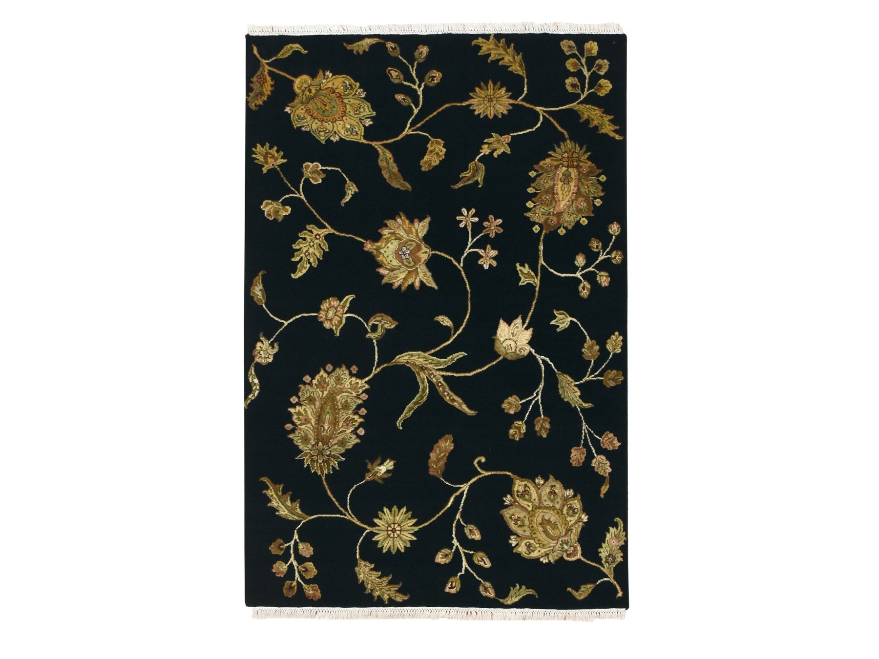 Rajasthan hand-knotted wool/silk rug in Black, 4' x 5'11" — SKU O075609