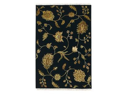 Black 4'0" x 5'11" Rajasthan Hand knotted Wool/Silk Rug - Sku: O075609