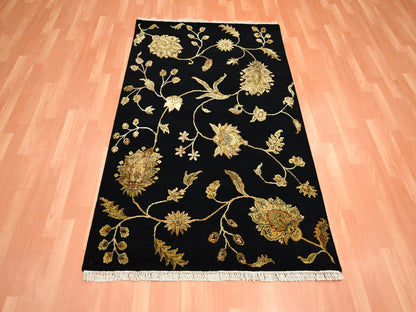 Black 4'0" x 5'11" Rajasthan Hand knotted Wool/Silk Rug - Sku: O075609