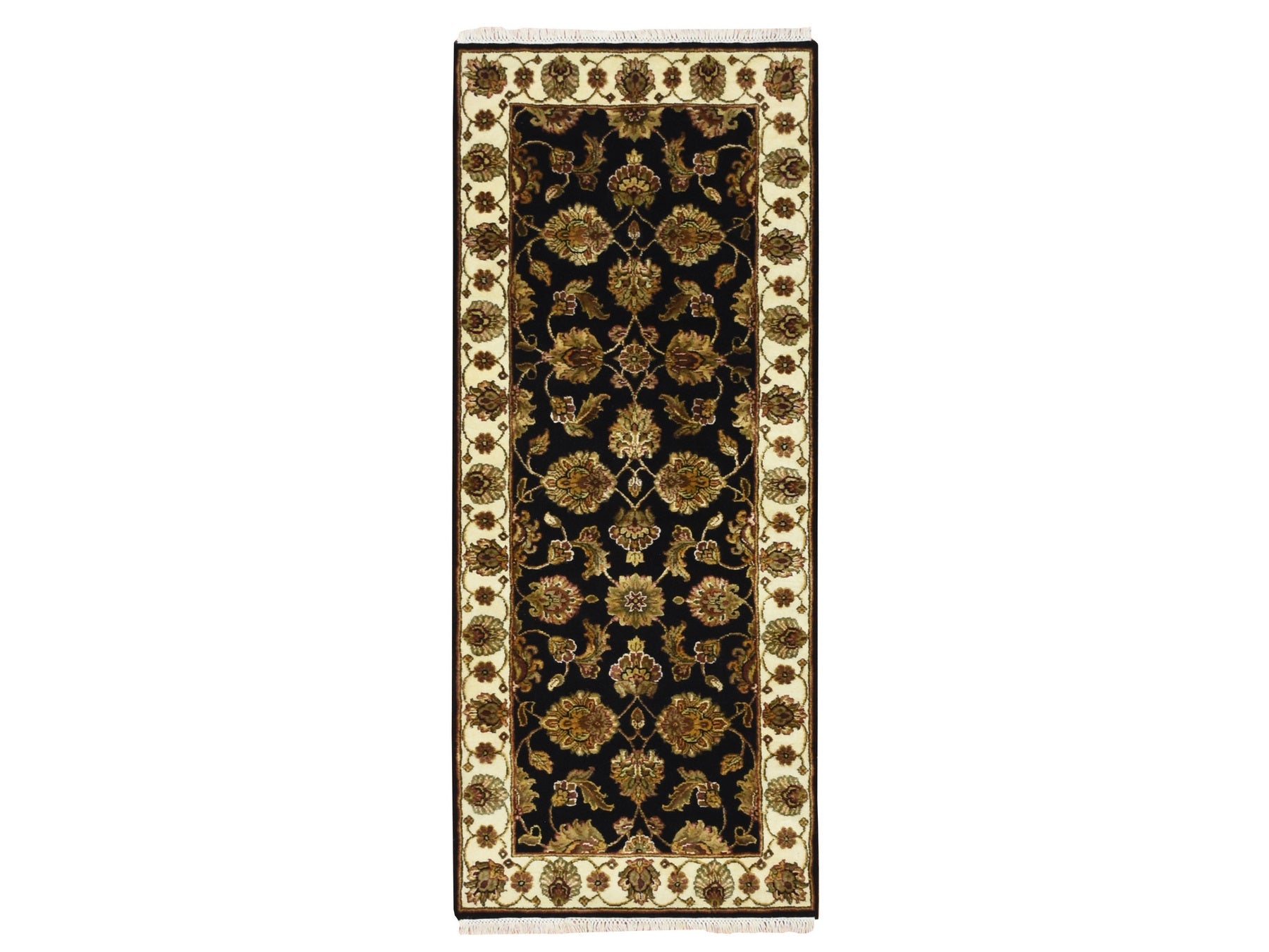 Black 2'7" x 6'2" Traditional Hand knotted Wool/Silk Rug - Sku: O075625