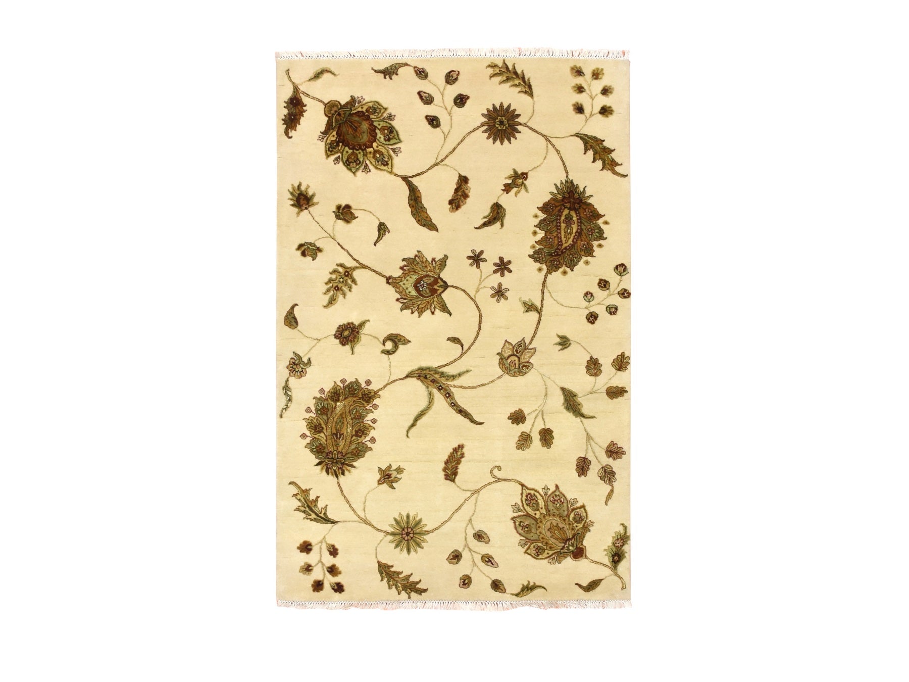 Rajasthan hand-knotted wool/silk rug in Ivory, 4' x 5'11" — SKU O075631