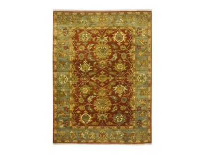 Fine Oriental hand-knotted wool rug in Red & Stone Blue, 4'8" x 6'4" — SKU O075650