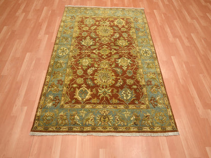 Fine Oriental hand-knotted wool rug in Red & Stone Blue, 4'8" x 6'4" — SKU O075650 (view 2)