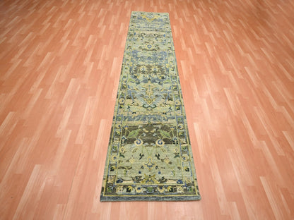 Green 2'7" x 10'5" Transitional Hand knotted Wool Rug - Sku: O075688