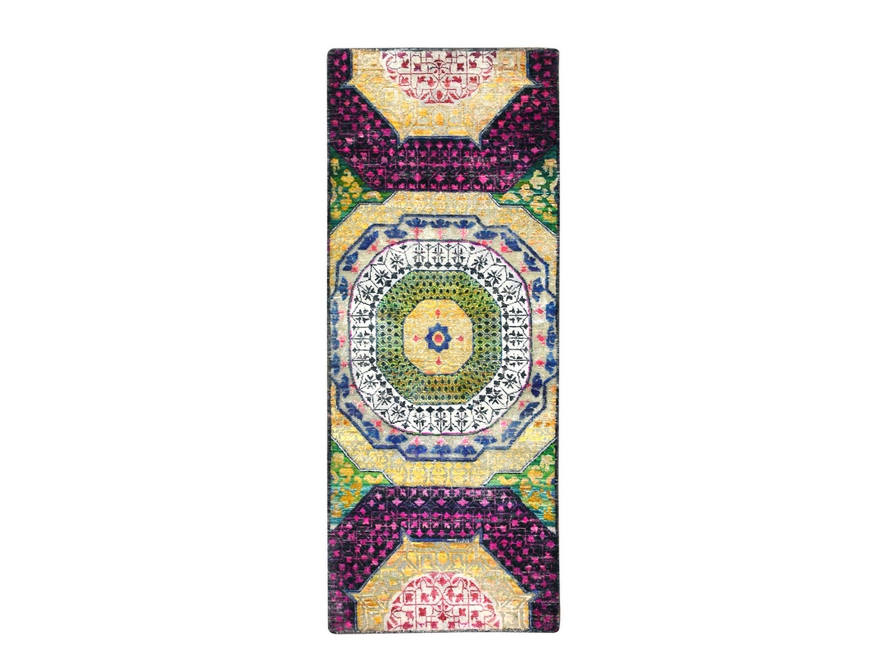 Mamluk Mamluk hand-knotted wool/sari silk runner in Yellow, 2'6" x 6'5" — SKU O075701
