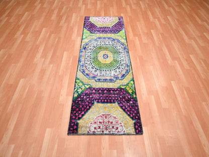 Mamluk Mamluk hand-knotted wool/sari silk runner in Yellow, 2'6" x 6'5" — SKU O075701 (view 2)