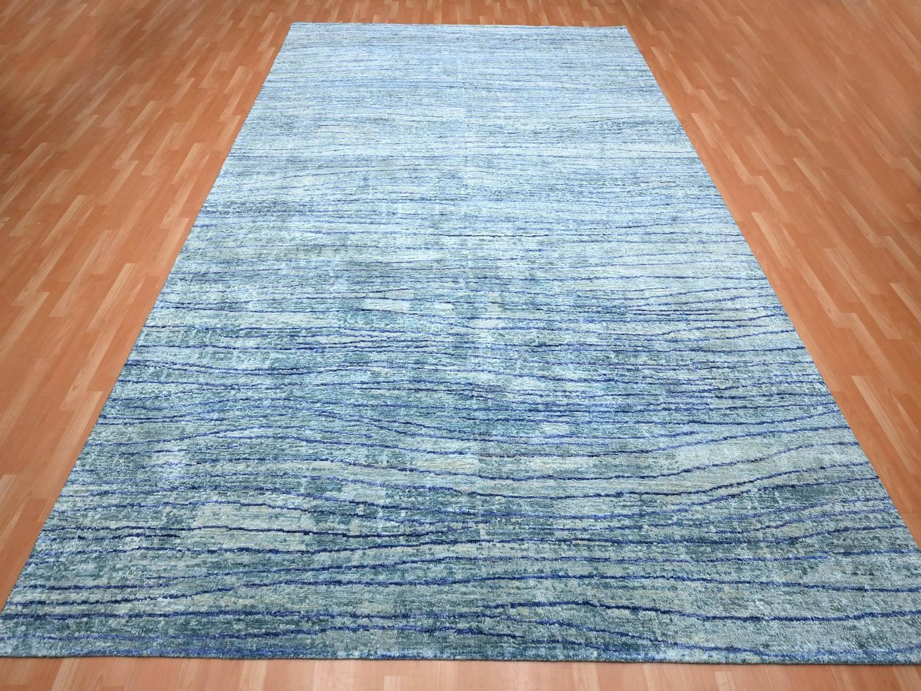 Blue 9'11" x 14'2" Modern and Contemporary Hand knotted Silk Rug - Sku: O075703