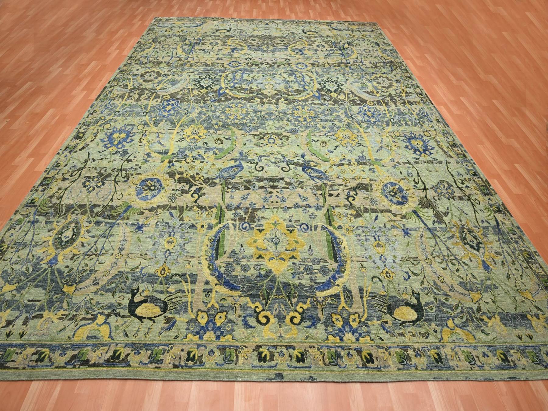 Green 11'11" x 15'1" Transitional Hand knotted Wool Rug - Sku: O075712