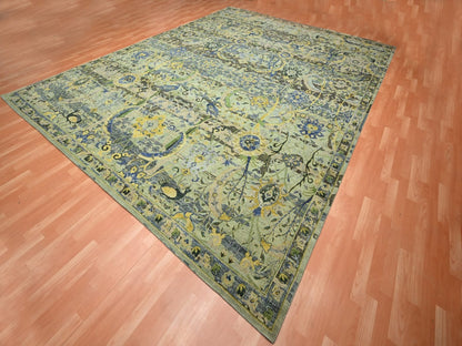 Green 11'11" x 15'1" Transitional Hand knotted Wool Rug - Sku: O075712