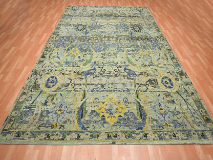 Green 9'0" x 12'3" Transitional Hand knotted Wool Rug - Sku: O075713