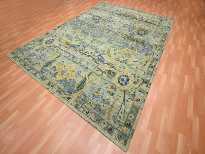 Green 9'0" x 12'3" Transitional Hand knotted Wool Rug - Sku: O075713