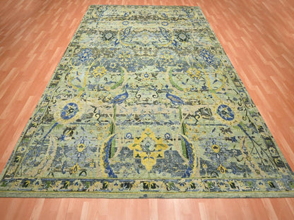 Green 9'0" x 12'1" Transitional Hand knotted Wool Rug - Sku: O075714