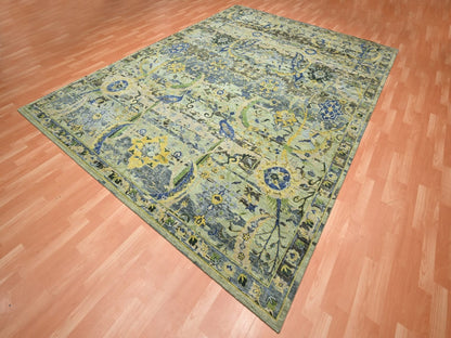 Green 9'0" x 12'1" Transitional Hand knotted Wool Rug - Sku: O075714