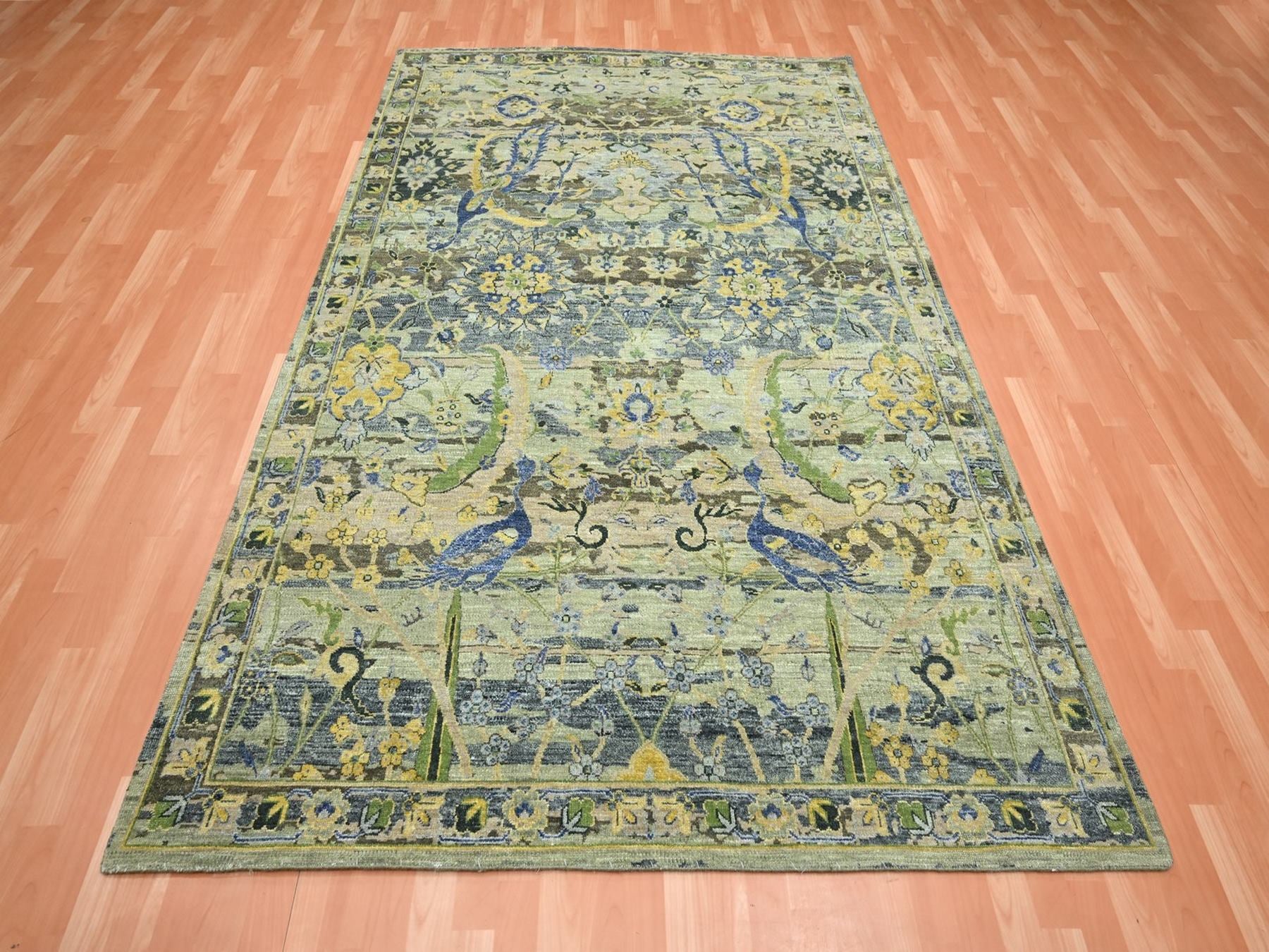 Green 6'1" x 9'3" Transitional Hand knotted Wool Rug - Sku: O075716