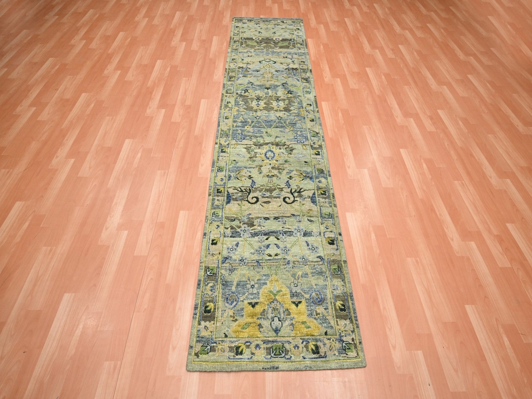 Green 2'7" x 10'6" Transitional Hand knotted Wool Rug - Sku: O075718