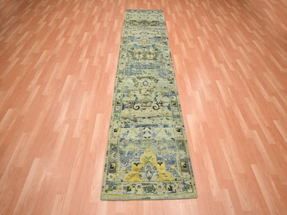 Green 2'7" x 10'6" Transitional Hand knotted Wool Rug - Sku: O075718