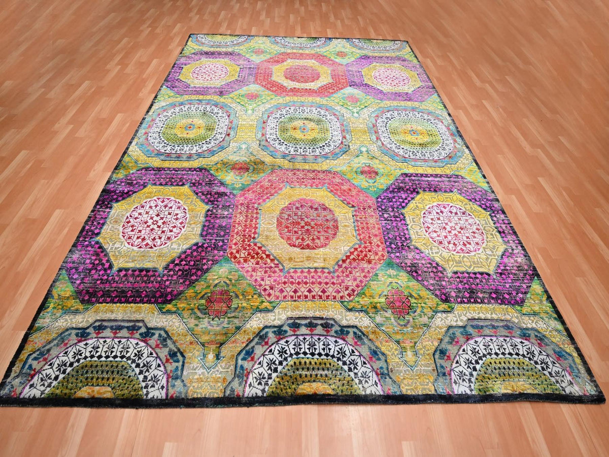 Mamluk Mamluk hand-knotted wool/silk rug in Yellow, 9' x 11'10" — SKU O075726 (view 2)