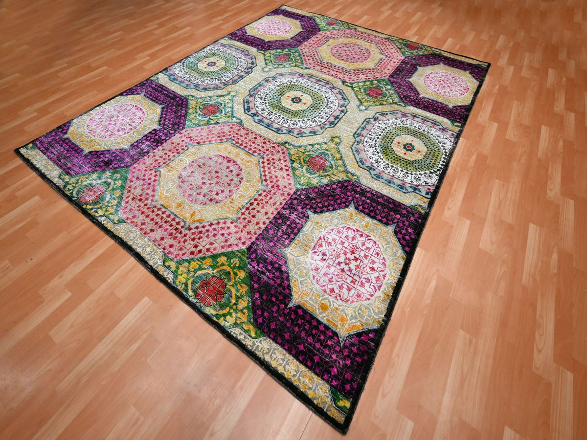 Mamluk Mamluk hand-knotted wool/sari silk rug in Yellow, 7'11" x 10'2" — SKU O075729 (view 3)