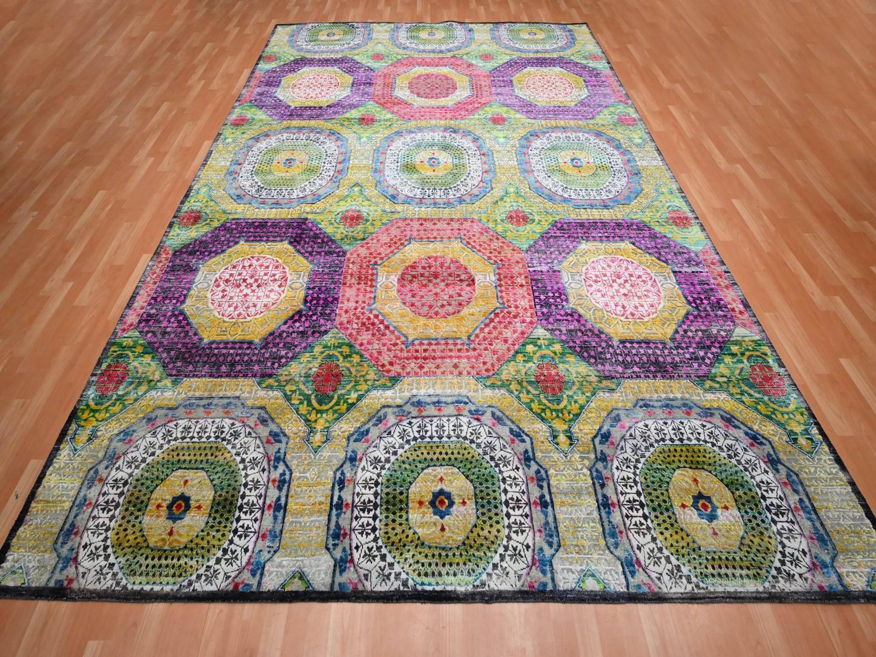 Mamluk Mamluk hand-knotted wool/sari silk rug in Yellow, 10' x 14'1" — SKU O075730 (view 2)