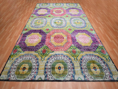 Mamluk Mamluk hand-knotted wool/sari silk rug in Yellow, 10' x 14'1" — SKU O075730 (view 2)