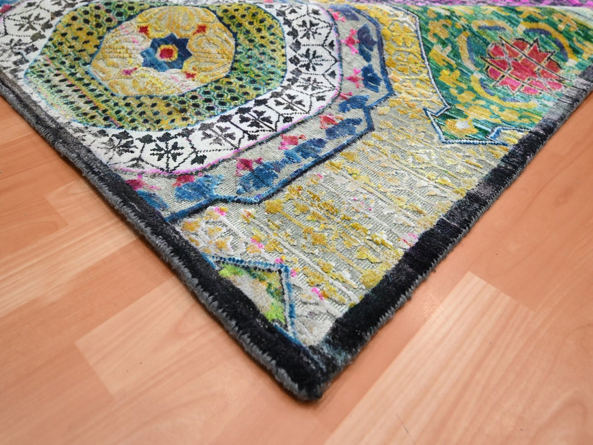 Mamluk Mamluk hand-knotted wool/sari silk rug in Yellow, 10' x 14'1" — SKU O075730 (view 6)