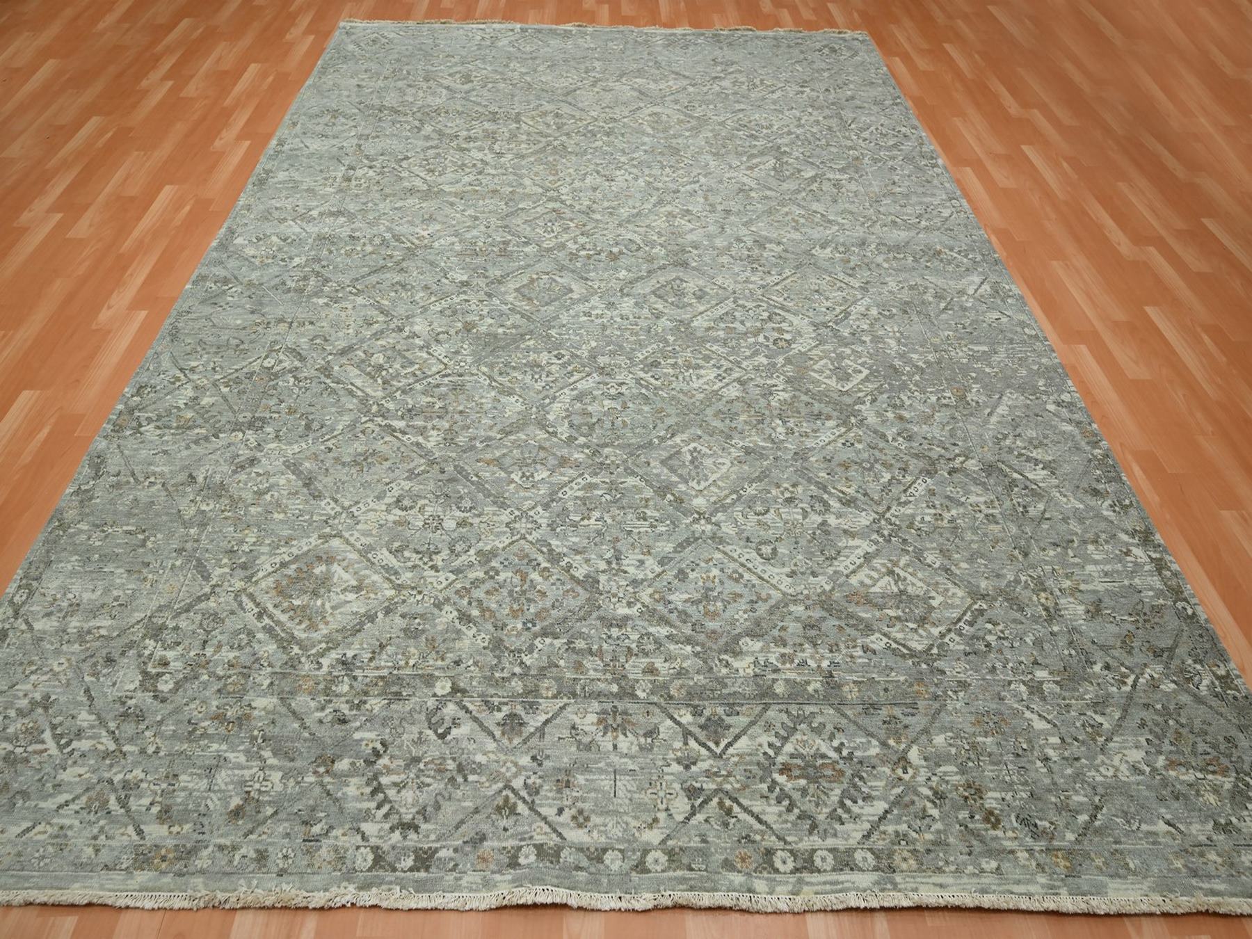 Grey 8'11" x 11'11" Oushak And Peshawar Hand knotted Wool Rug - Sku: O075737