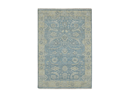 Blue 4'0" x 5'11" Oushak And Peshawar Hand knotted Wool Rug - Sku: O075777