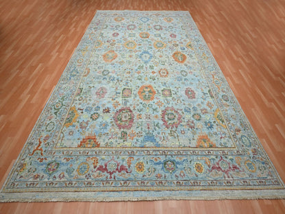 Blue 9'10" x 13'11" Oushak And Peshawar Hand knotted Wool Rug - Sku: O075795