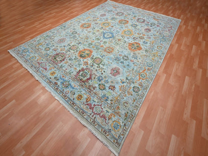 Blue 8'10" x 11'11" Oushak And Peshawar Hand knotted Wool Rug - Sku: O075796
