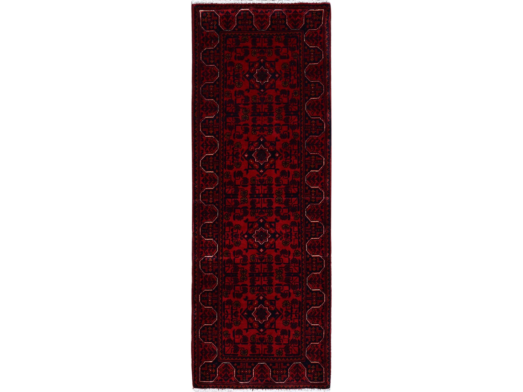 Tribal & Geometric hand-knotted wool runner in Red, 1'8" x 4'9" — SKU O0757