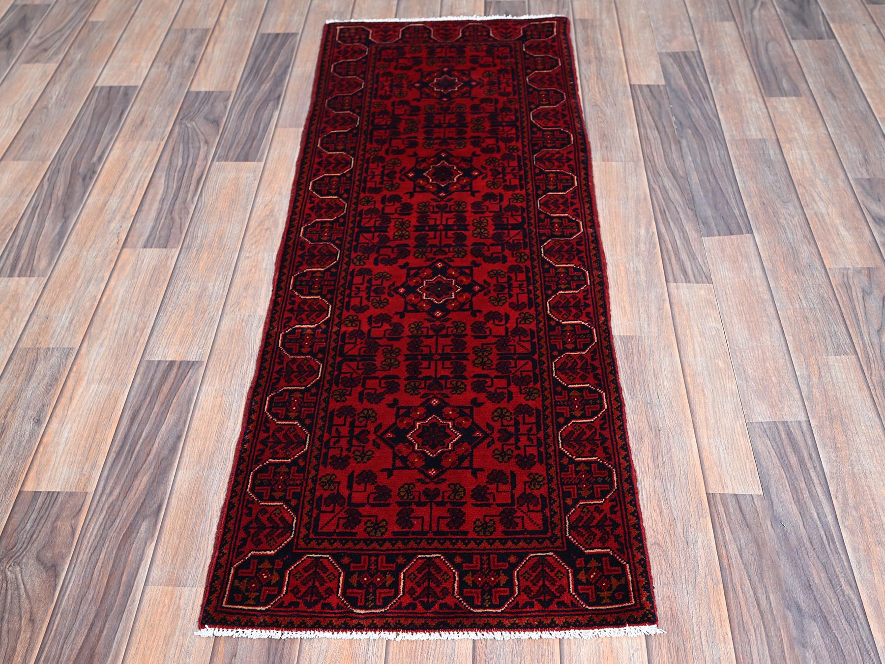 Tribal & Geometric hand-knotted wool runner in Red, 1'8" x 4'9" — SKU O0757 (view 2)
