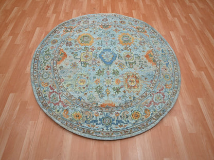 Blue 5'10" x 5'10" Oushak And Peshawar Hand knotted Wool Rug - Sku: O075801