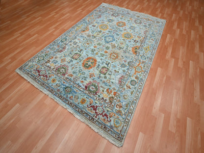 Blue 6'0" x 9'0" Oushak And Peshawar Hand knotted Wool Rug - Sku: O075802