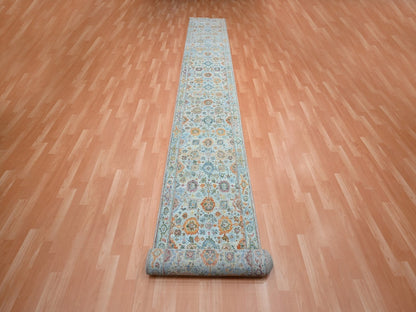 Blue 2'6" x 22'0" Oushak And Peshawar Hand knotted Wool Rug - Sku: O075808