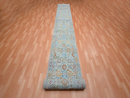 Blue 2'5" x 24'10" Oushak And Peshawar Hand knotted Wool Rug - Sku: O075809