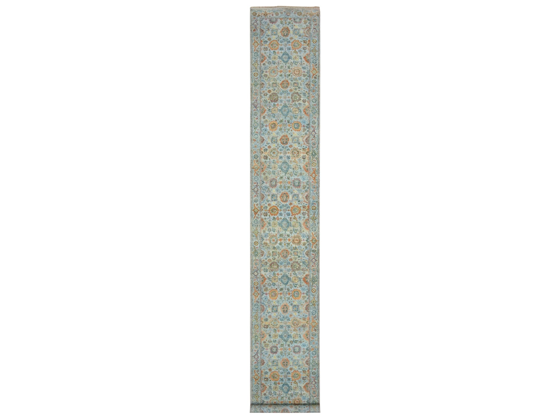 Blue 2'6" x 17'10" Oushak And Peshawar Hand knotted Wool Rug - Sku: O075810