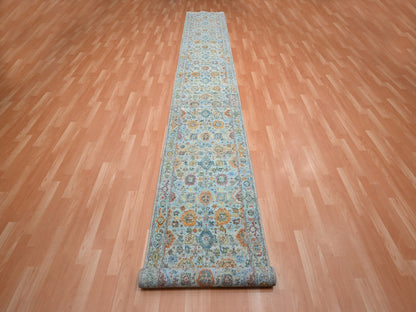 Blue 2'6" x 17'10" Oushak And Peshawar Hand knotted Wool Rug - Sku: O075810