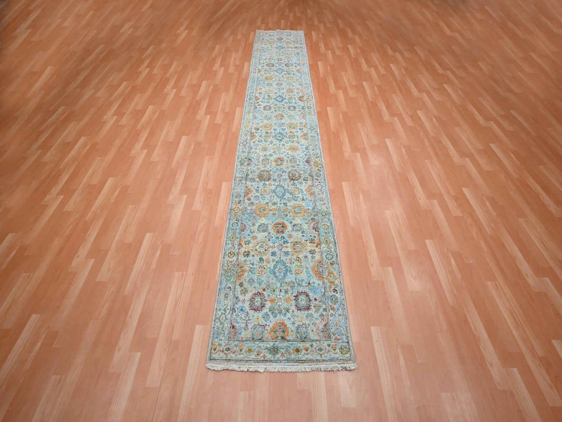 Blue 2'7" x 13'9" Oushak And Peshawar Hand knotted Wool Rug - Sku: O075811