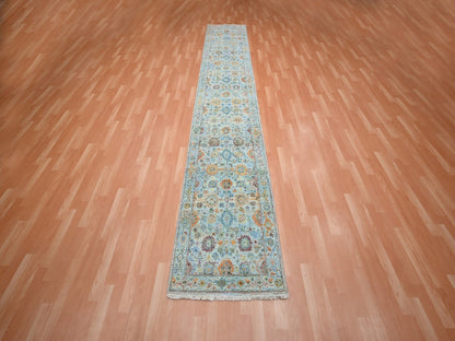 Blue 2'7" x 13'9" Oushak And Peshawar Hand knotted Wool Rug - Sku: O075811