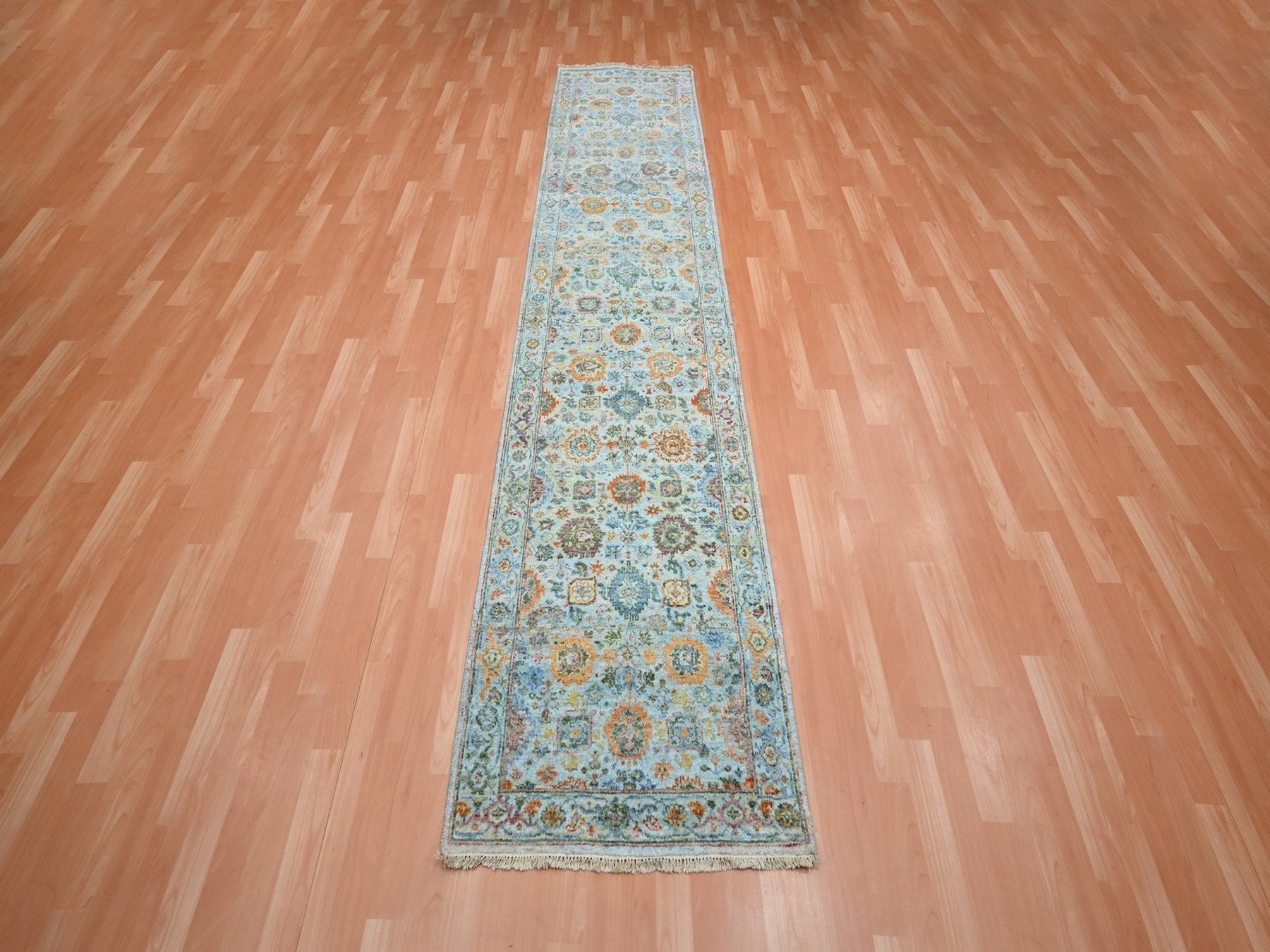 Blue 2'6" x 11'10" Oushak And Peshawar Hand knotted Wool Rug - Sku: O075812